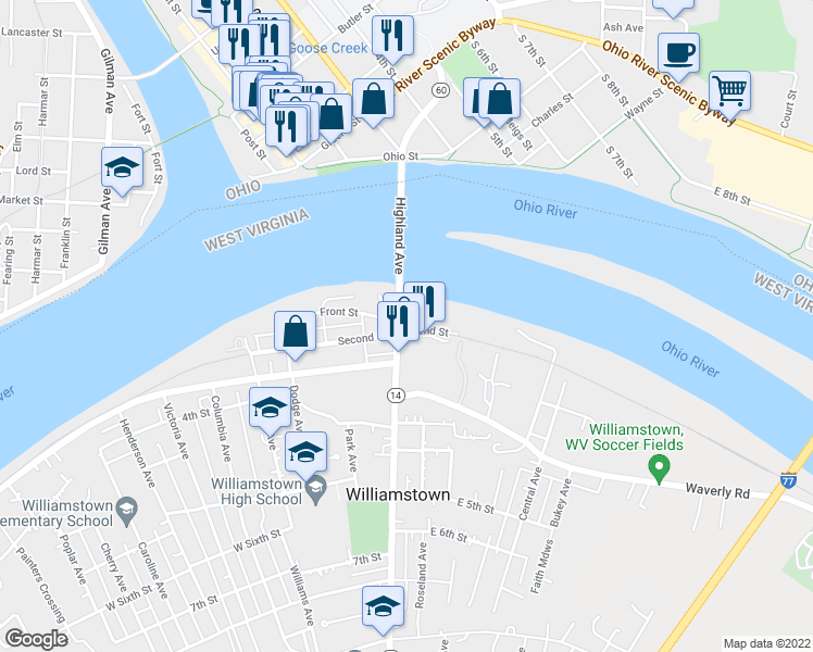 map of restaurants, bars, coffee shops, grocery stores, and more near 107 East 2nd Street in Williamstown