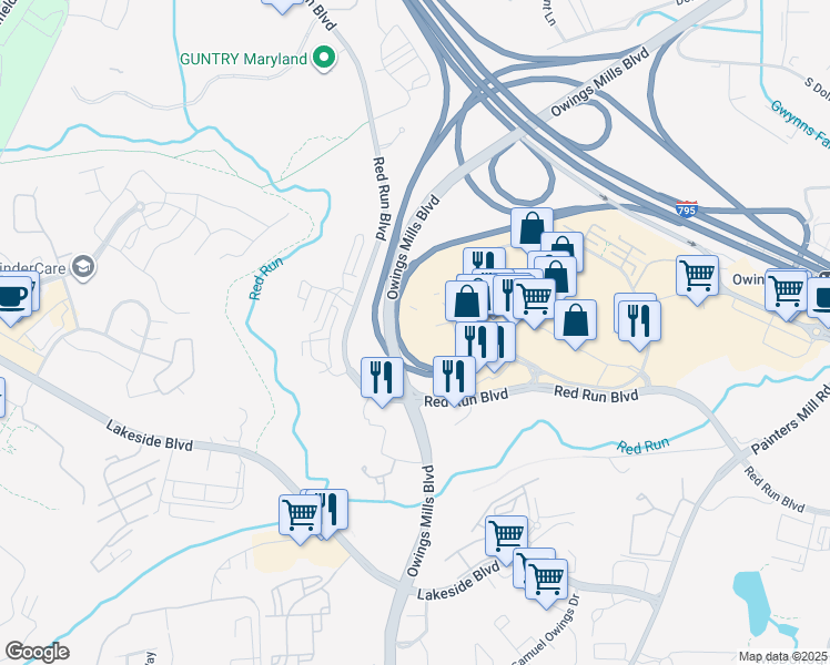 map of restaurants, bars, coffee shops, grocery stores, and more near 10455 Mill Run Circle in Owings Mills