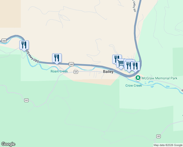 map of restaurants, bars, coffee shops, grocery stores, and more near 72 County Road 64 in Bailey