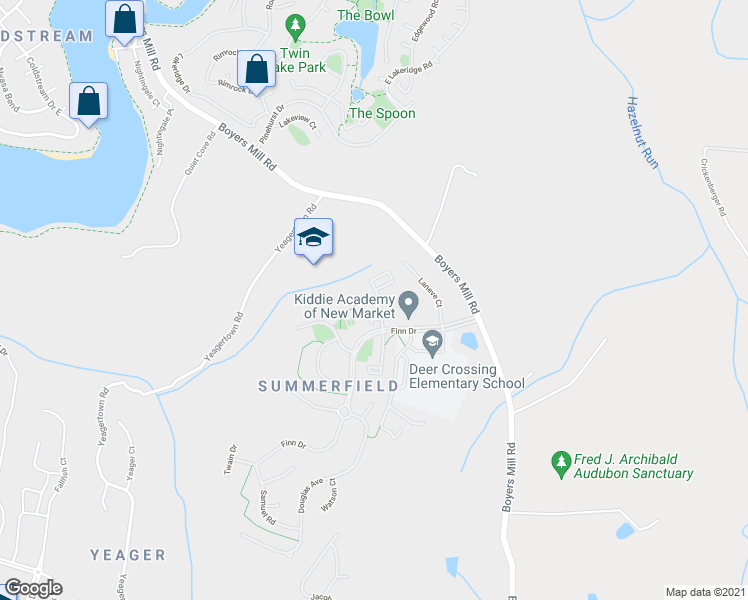 map of restaurants, bars, coffee shops, grocery stores, and more near 6236 North Steamboat Way in New Market