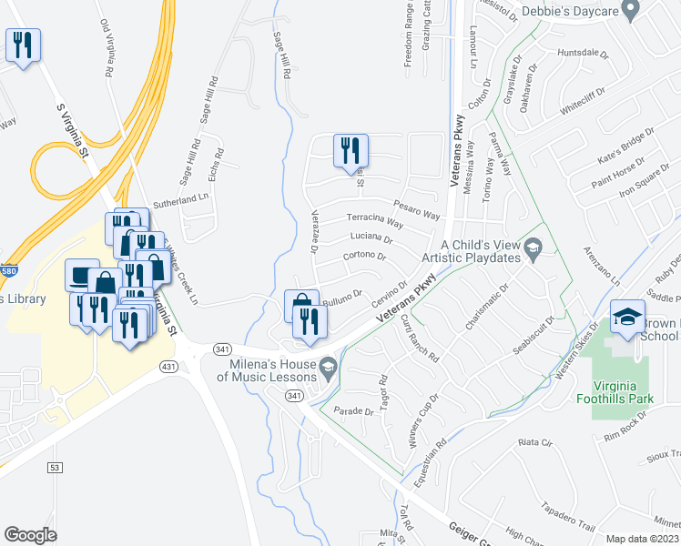 map of restaurants, bars, coffee shops, grocery stores, and more near 375 Stradella Way in Reno