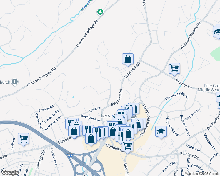 map of restaurants, bars, coffee shops, grocery stores, and more near 3954 Forest Valley Road in Parkville