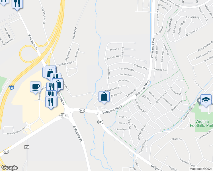 map of restaurants, bars, coffee shops, grocery stores, and more near 11565 Verazae Drive in Reno