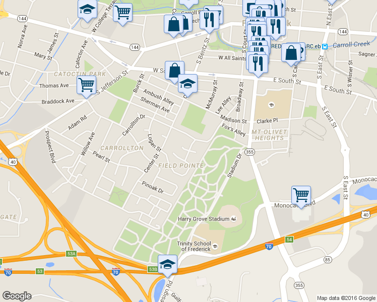 map of restaurants, bars, coffee shops, grocery stores, and more near 207 Spruce Court in Frederick