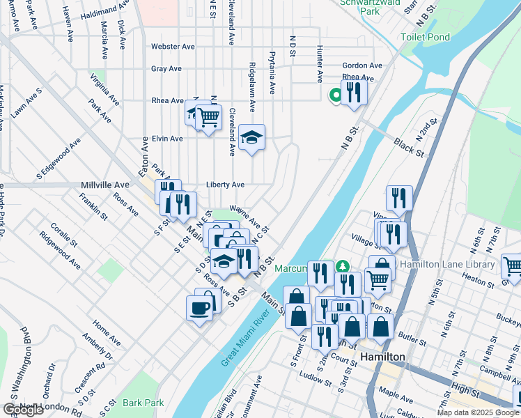 map of restaurants, bars, coffee shops, grocery stores, and more near 227 North D Street in Hamilton