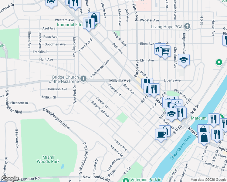 map of restaurants, bars, coffee shops, grocery stores, and more near 679 Franklin Street in Hamilton