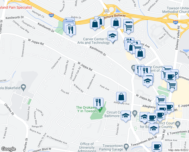 map of restaurants, bars, coffee shops, grocery stores, and more near 629 Woodbine Avenue in Towson