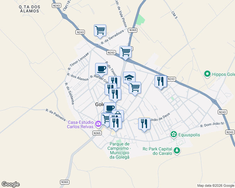 map of restaurants, bars, coffee shops, grocery stores, and more near in Golegã