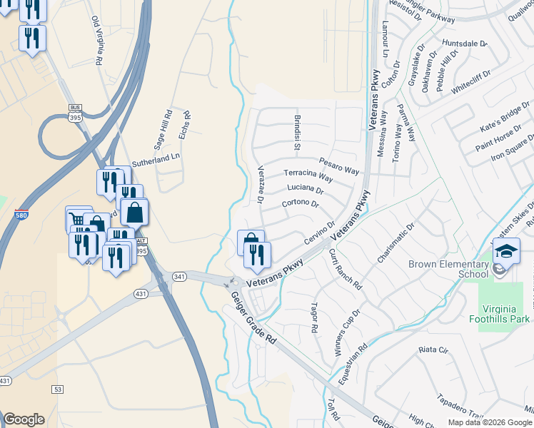 map of restaurants, bars, coffee shops, grocery stores, and more near 330 Cortono Drive in Reno
