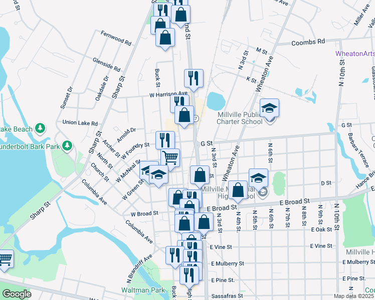 map of restaurants, bars, coffee shops, grocery stores, and more near 1001 North High Street in Millville