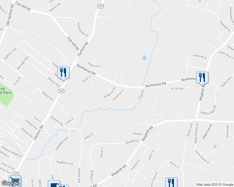 map of restaurants, bars, coffee shops, grocery stores, and more near 10006 Nearbrook Lane in Parkville