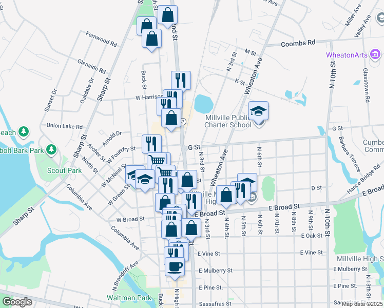 map of restaurants, bars, coffee shops, grocery stores, and more near 228-298 G Street in Millville
