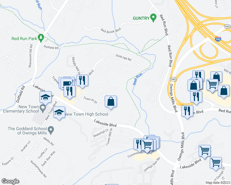 map of restaurants, bars, coffee shops, grocery stores, and more near 9628 Devedente Drive in Owings Mills