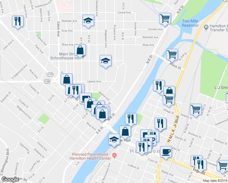 map of restaurants, bars, coffee shops, grocery stores, and more near 211 Jackson Street in Hamilton