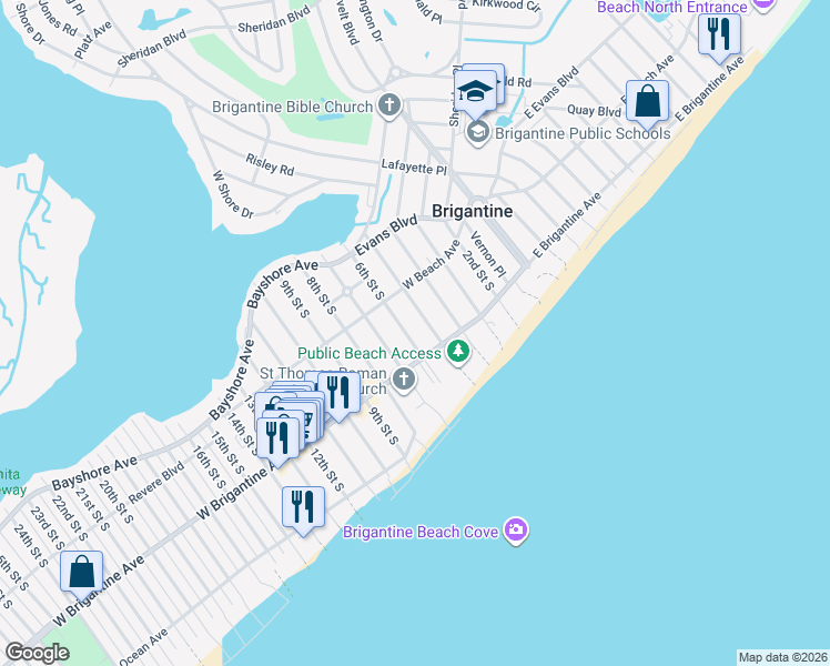 map of restaurants, bars, coffee shops, grocery stores, and more near 226 5th Street South in Brigantine