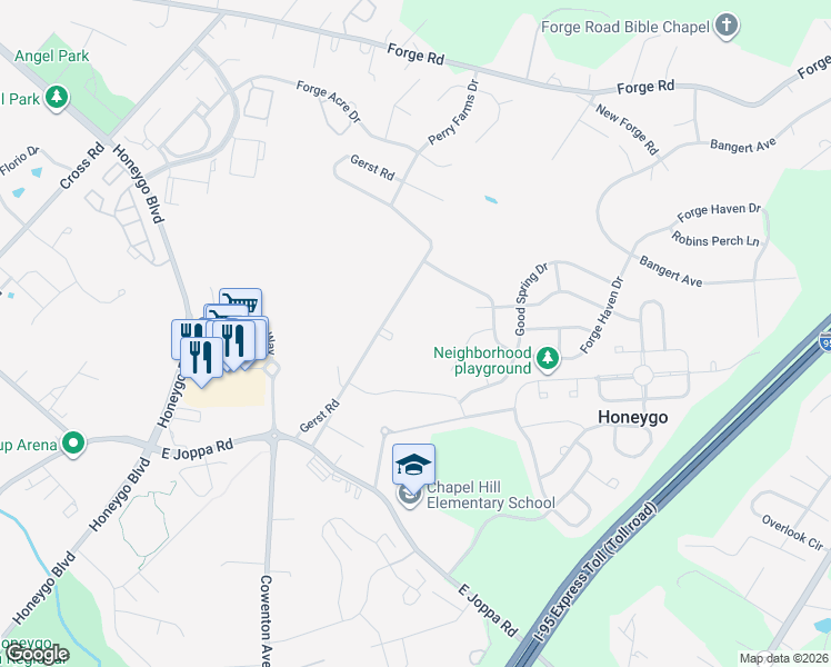 map of restaurants, bars, coffee shops, grocery stores, and more near 9421 Gerst Road in Perry Hall