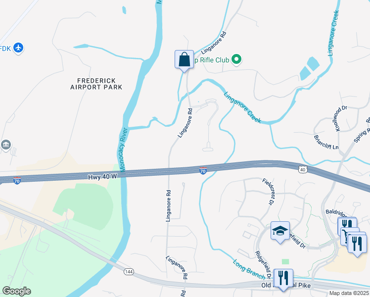 map of restaurants, bars, coffee shops, grocery stores, and more near 6229 Linganore Road in Frederick