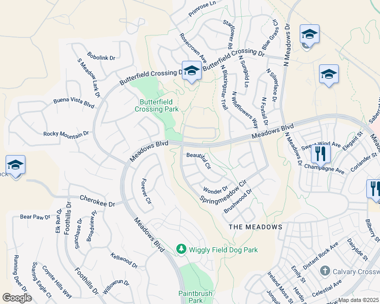 map of restaurants, bars, coffee shops, grocery stores, and more near 4360 North Meadows Drive in Castle Rock