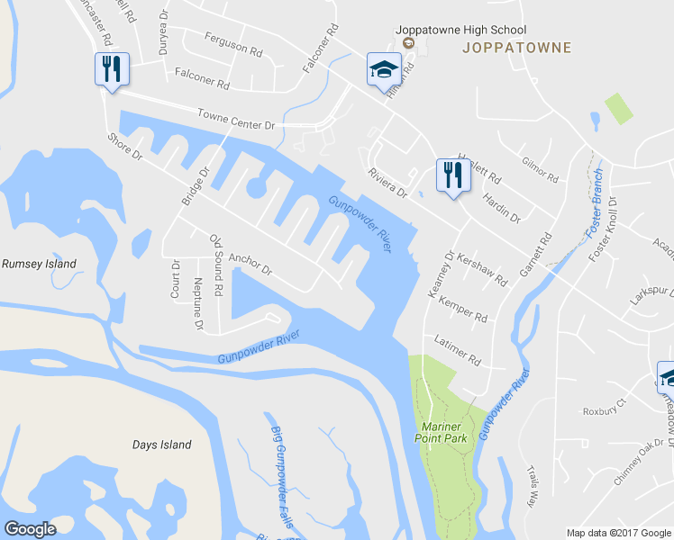 map of restaurants, bars, coffee shops, grocery stores, and more near 427 Shore Drive in Joppatowne