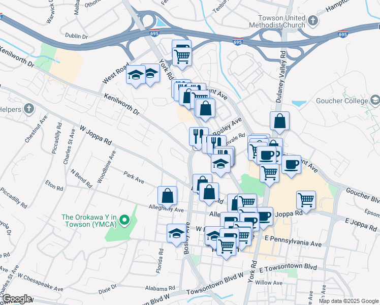 map of restaurants, bars, coffee shops, grocery stores, and more near 101 Kenilworth Park Circle in Towson