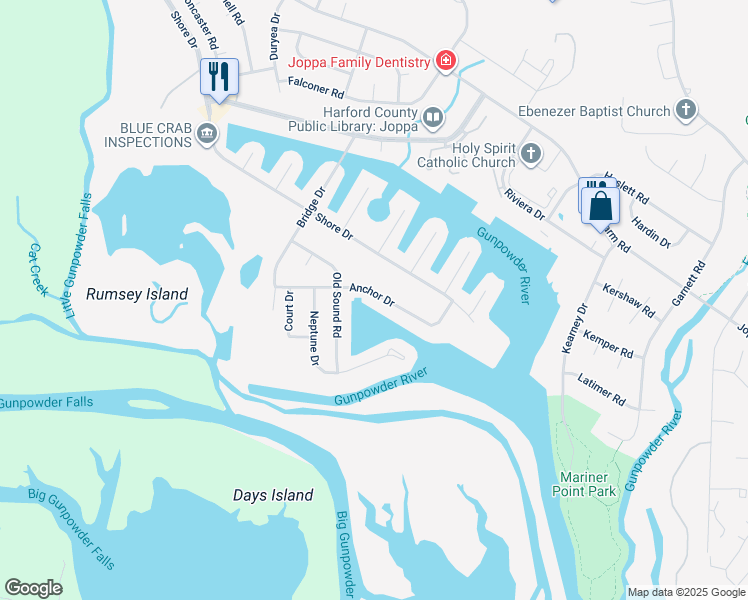 map of restaurants, bars, coffee shops, grocery stores, and more near 558 Anchor Drive in Joppatowne