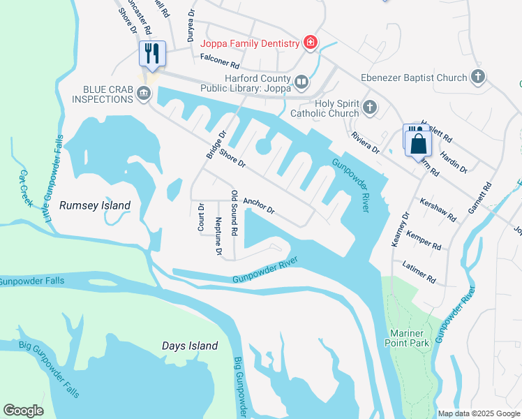 map of restaurants, bars, coffee shops, grocery stores, and more near 558 Anchor Drive in Joppatowne
