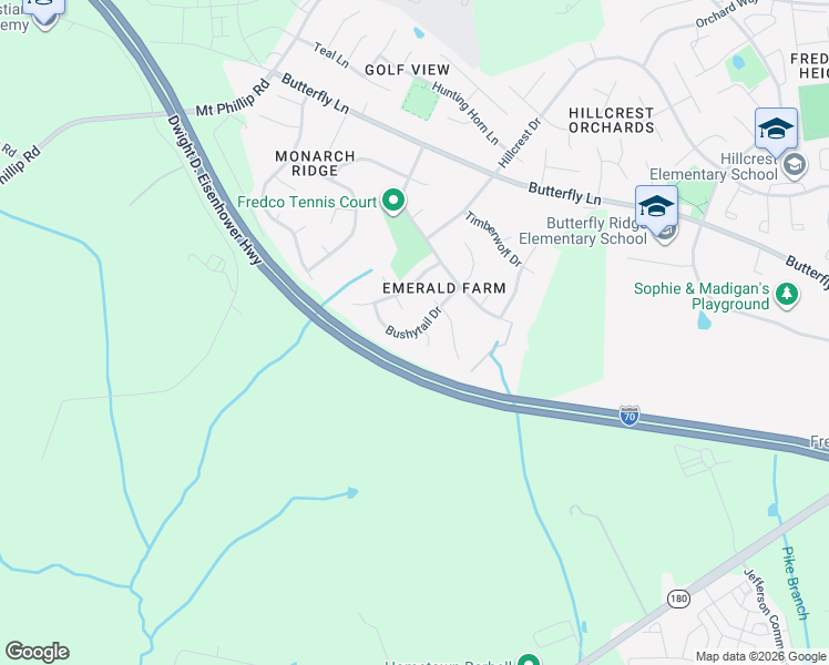 map of restaurants, bars, coffee shops, grocery stores, and more near 615 Bushytail Drive in Frederick