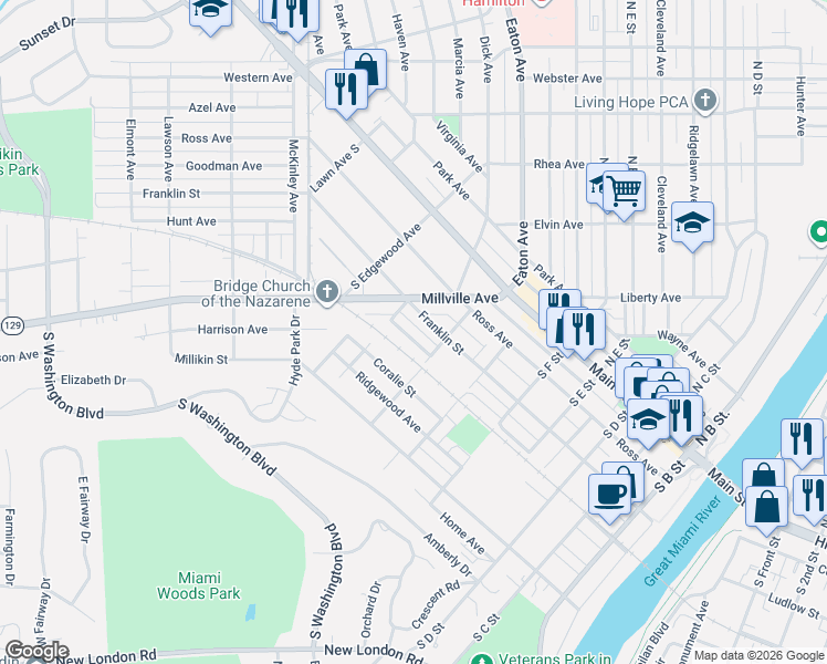 map of restaurants, bars, coffee shops, grocery stores, and more near 679 Franklin Street in Hamilton