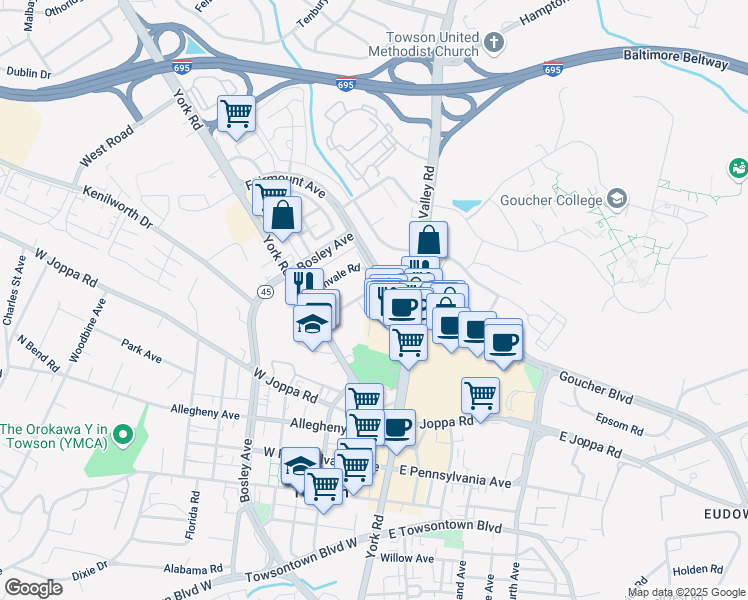 map of restaurants, bars, coffee shops, grocery stores, and more near 31 Lambourne Road in Towson