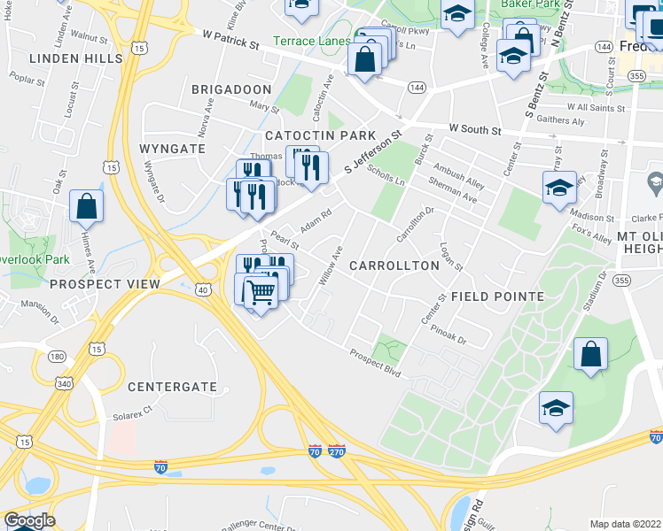 map of restaurants, bars, coffee shops, grocery stores, and more near Pearl Street in Frederick