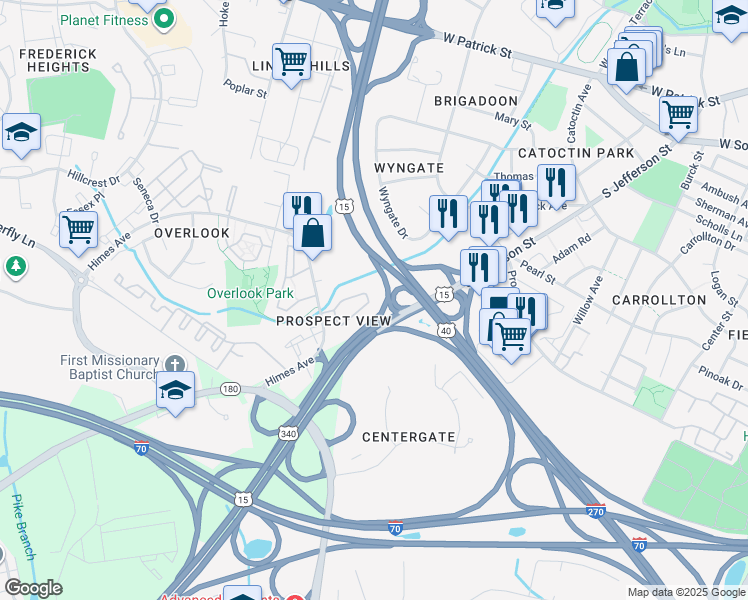 map of restaurants, bars, coffee shops, grocery stores, and more near 563 Primus Court in Frederick