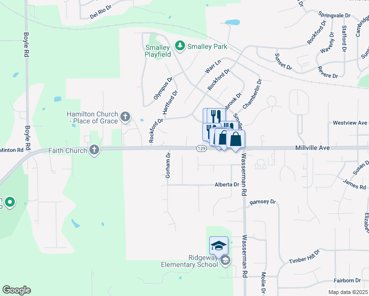 map of restaurants, bars, coffee shops, grocery stores, and more near 1593 Millville Avenue in Hamilton