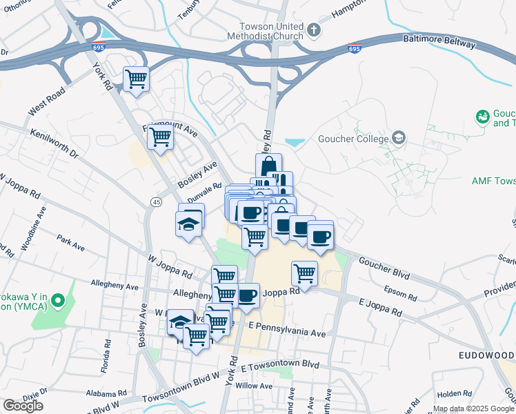 map of restaurants, bars, coffee shops, grocery stores, and more near Dulaney Valley Rd & Fairmount Ave in Towson
