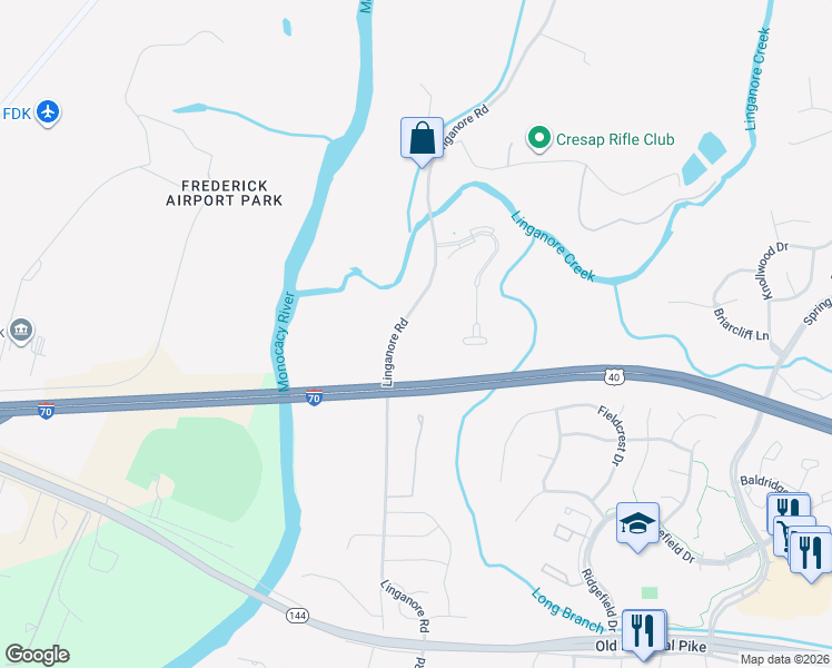 map of restaurants, bars, coffee shops, grocery stores, and more near 6229 Linganore Road in Frederick