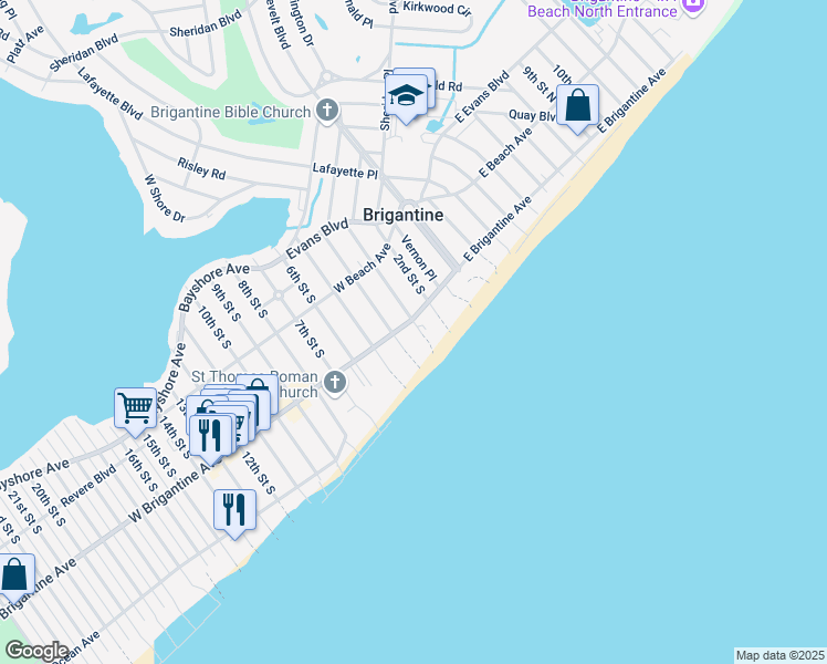 map of restaurants, bars, coffee shops, grocery stores, and more near 312 2nd Street South in Brigantine
