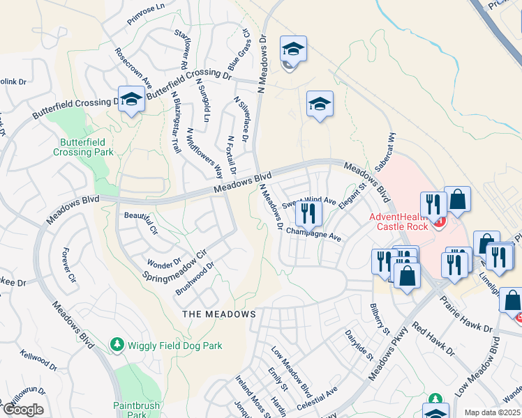 map of restaurants, bars, coffee shops, grocery stores, and more near 4432 North Meadows Drive in Castle Rock