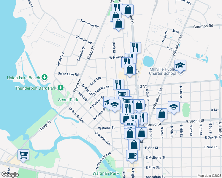map of restaurants, bars, coffee shops, grocery stores, and more near 30 West Foundry Street in Millville