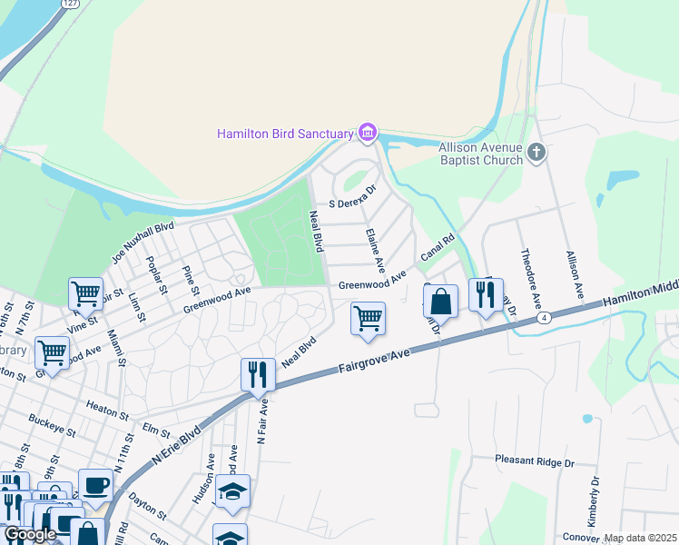 map of restaurants, bars, coffee shops, grocery stores, and more near 1706 Helen Avenue in Hamilton