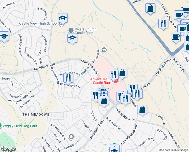 map of restaurants, bars, coffee shops, grocery stores, and more near 4388 Vindaloo Drive in Castle Rock