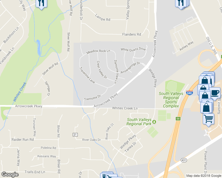 map of restaurants, bars, coffee shops, grocery stores, and more near 13490 Damonte View Lane in Reno