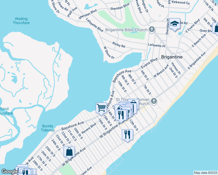 map of restaurants, bars, coffee shops, grocery stores, and more near 1033 Bayshore Avenue in Brigantine