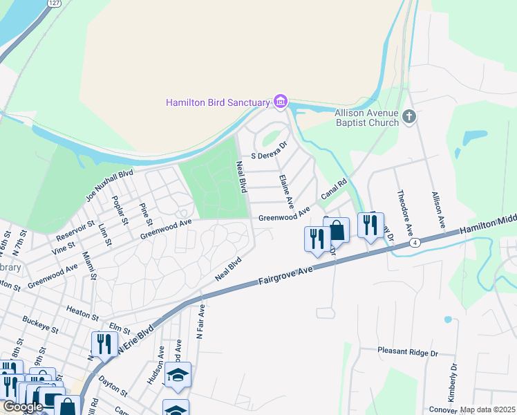 map of restaurants, bars, coffee shops, grocery stores, and more near 1706 Helen Avenue in Hamilton