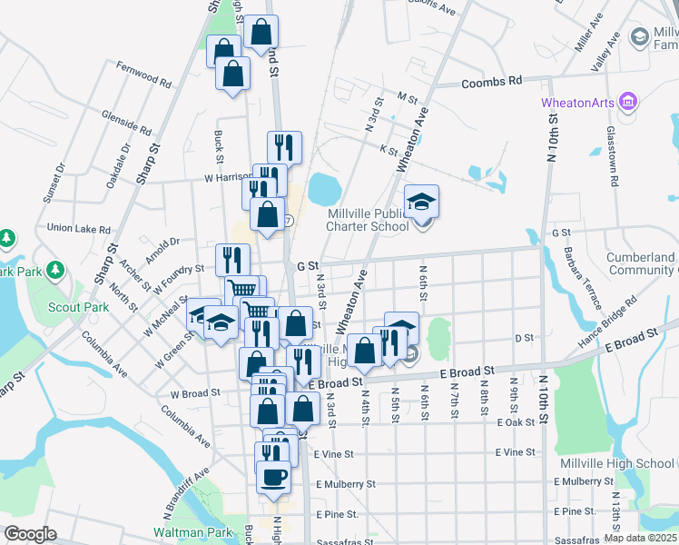 map of restaurants, bars, coffee shops, grocery stores, and more near 311 G Street in Millville