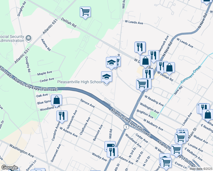map of restaurants, bars, coffee shops, grocery stores, and more near 701 Mill Road in Pleasantville