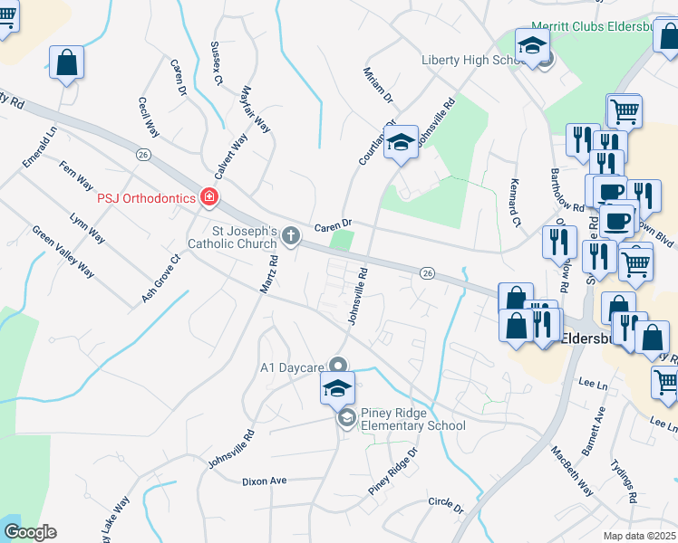 map of restaurants, bars, coffee shops, grocery stores, and more near 946 Marimich Court in Sykesville