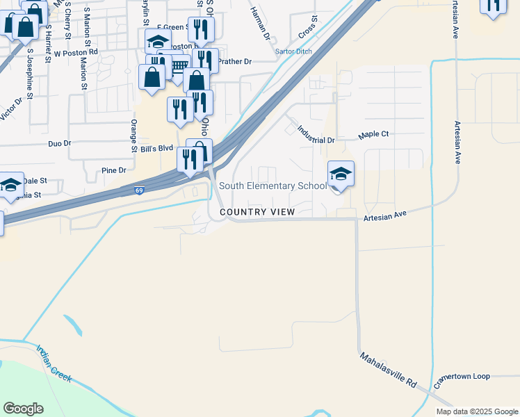 map of restaurants, bars, coffee shops, grocery stores, and more near 388 Country View Court in Martinsville