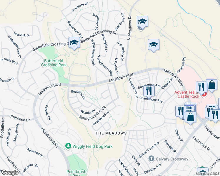 map of restaurants, bars, coffee shops, grocery stores, and more near 4376 Foxberry Drive in Castle Rock