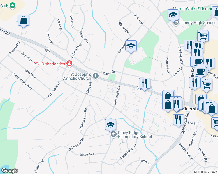 map of restaurants, bars, coffee shops, grocery stores, and more near 942 Marimich Court in Eldersburg