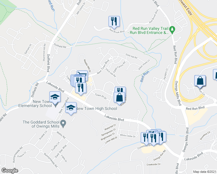 map of restaurants, bars, coffee shops, grocery stores, and more near 6 Williams Court in Owings Mills