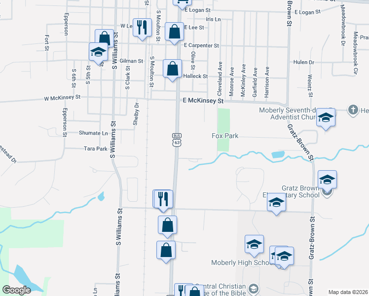map of restaurants, bars, coffee shops, grocery stores, and more near 1100-1298 South Morley Street in Moberly